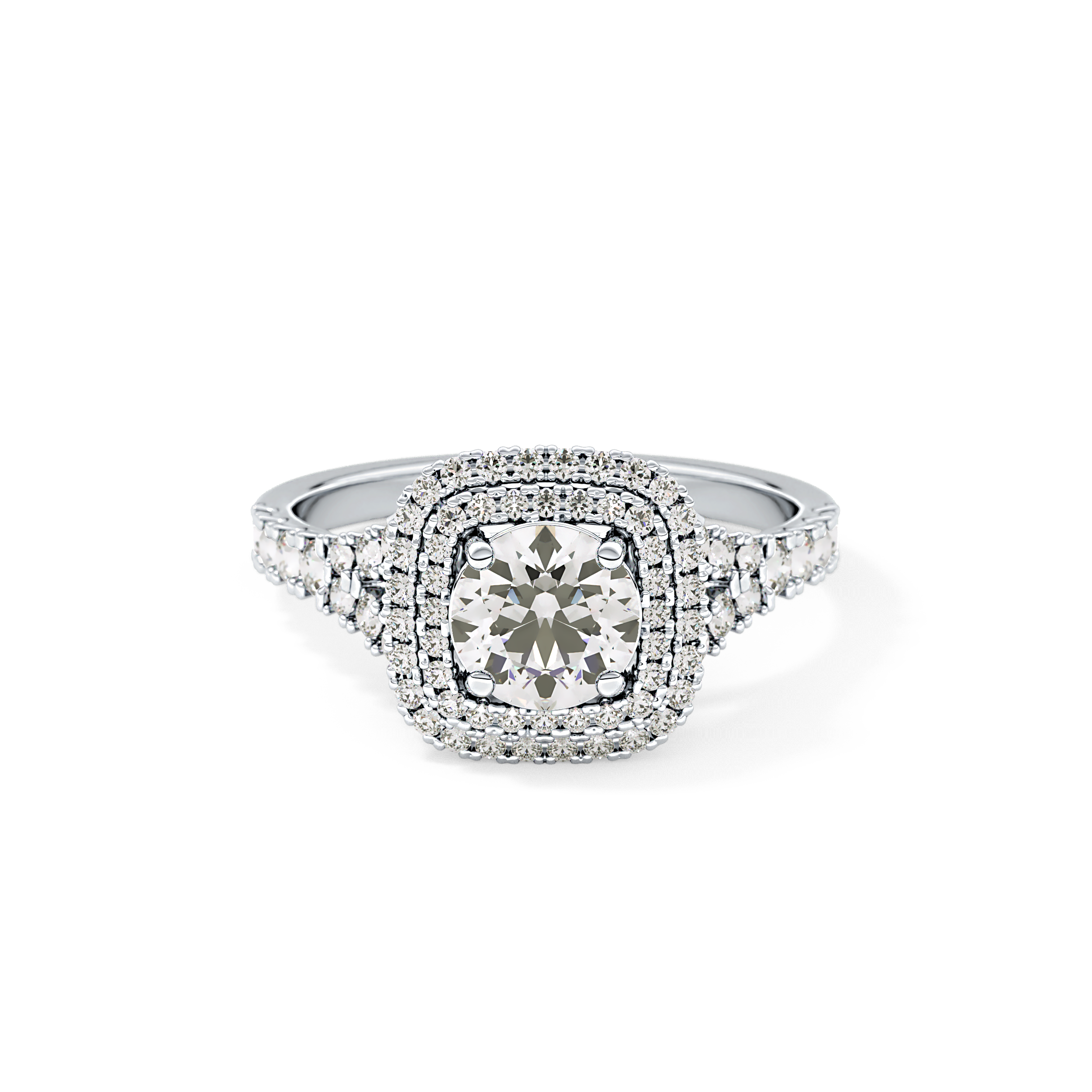 Round Cut 0.79 Carat Moissanite Ring – Double Halo and Pave Setting in Gold