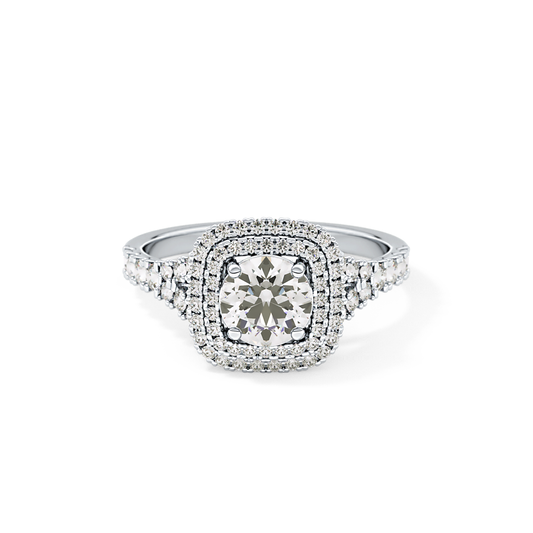 Round Cut 0.79 Carat Moissanite Ring – Double Halo and Pave Setting in Gold