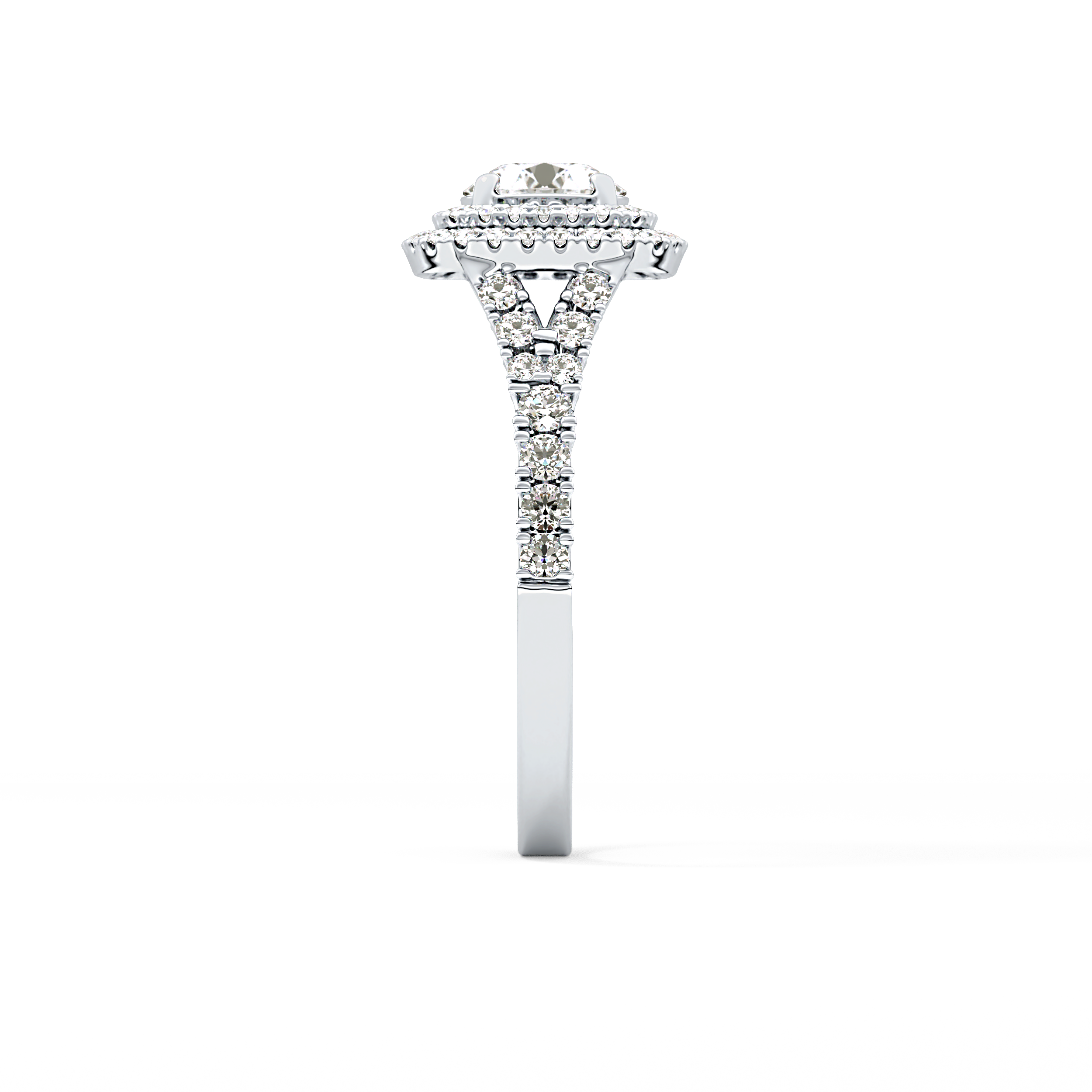 Round Cut 0.79 Carat Moissanite Ring – Double Halo and Pave Setting in Gold
