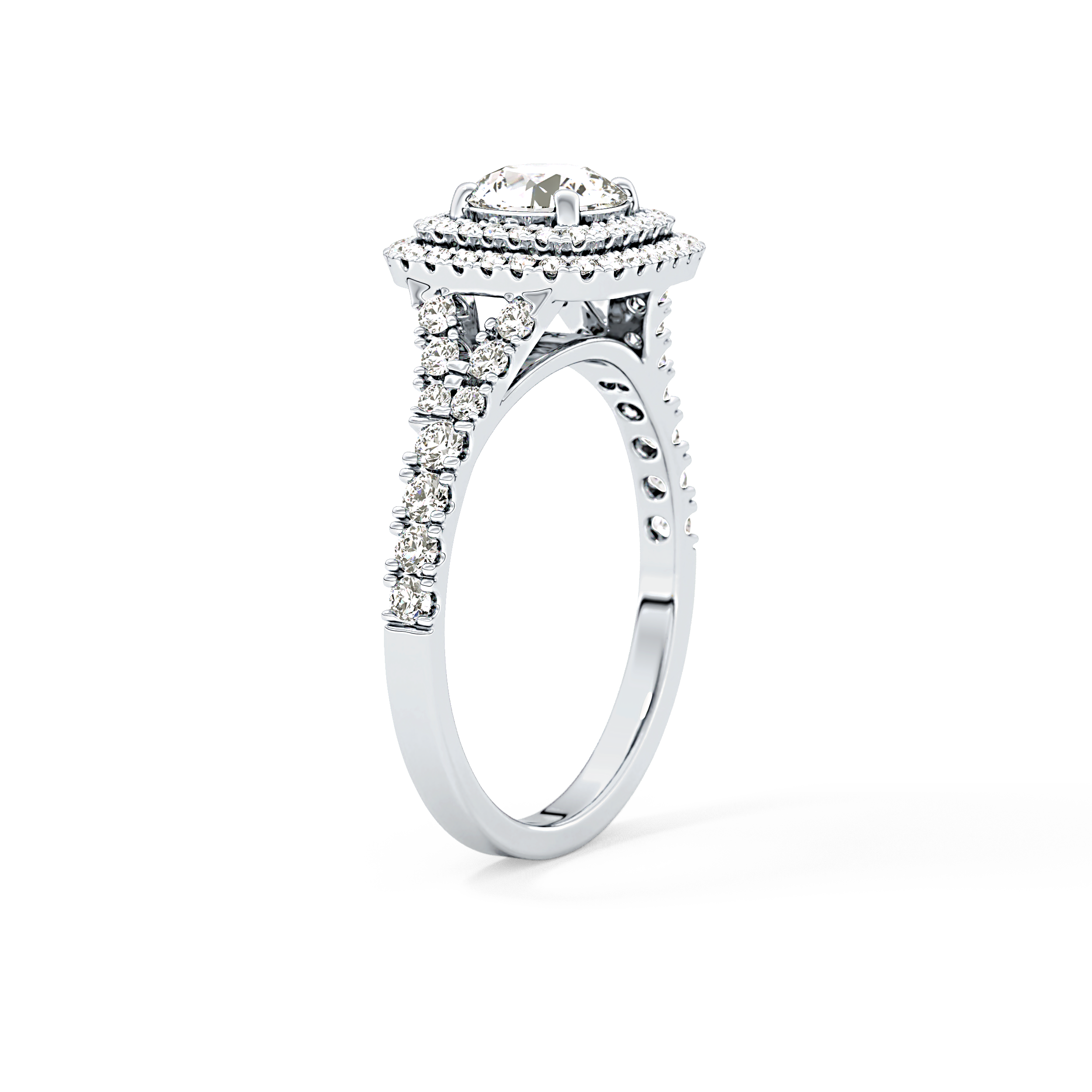 Round Cut 0.79 Carat Moissanite Ring – Double Halo and Pave Setting in Gold