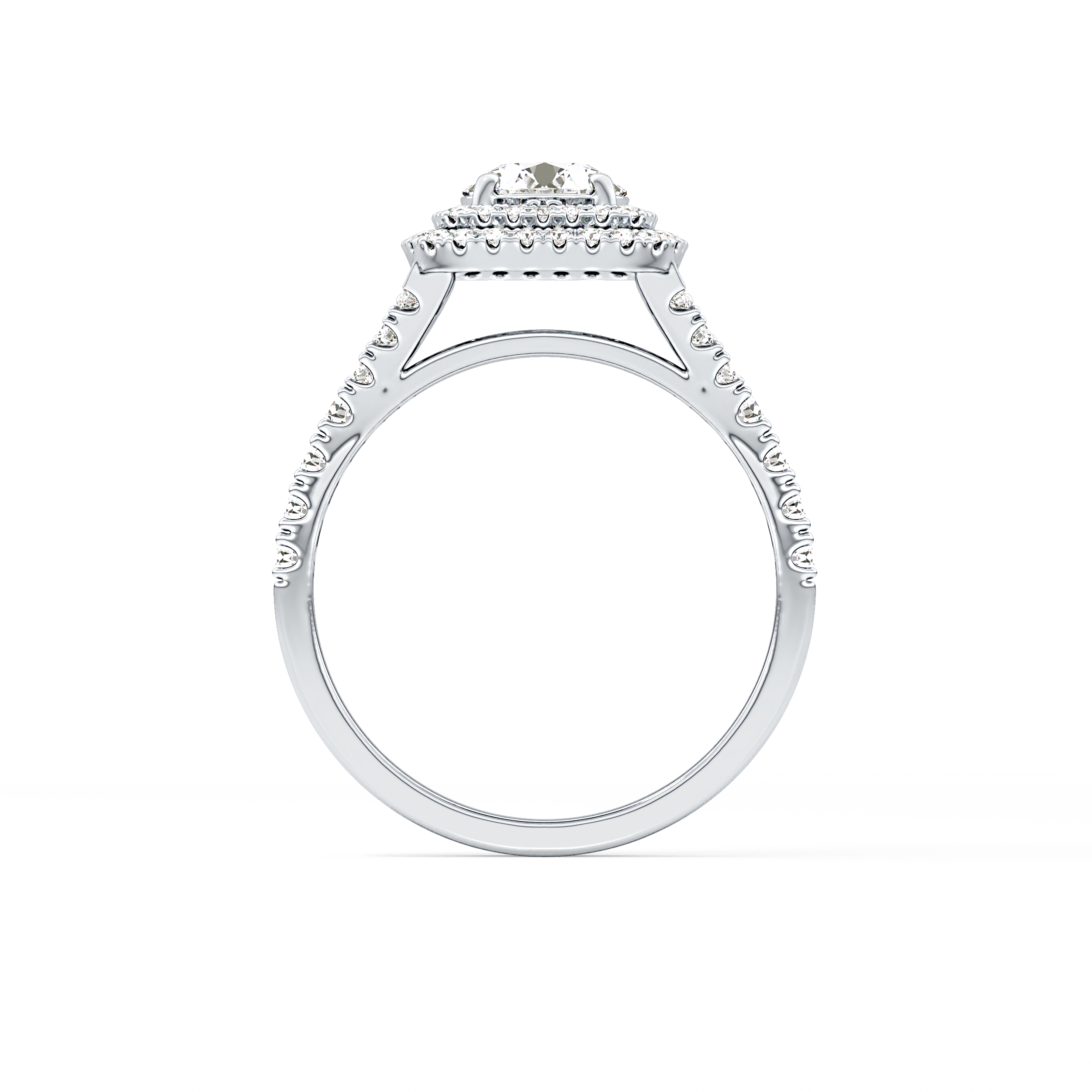 Round Cut 0.79 Carat Moissanite Ring – Double Halo and Pave Setting in Gold