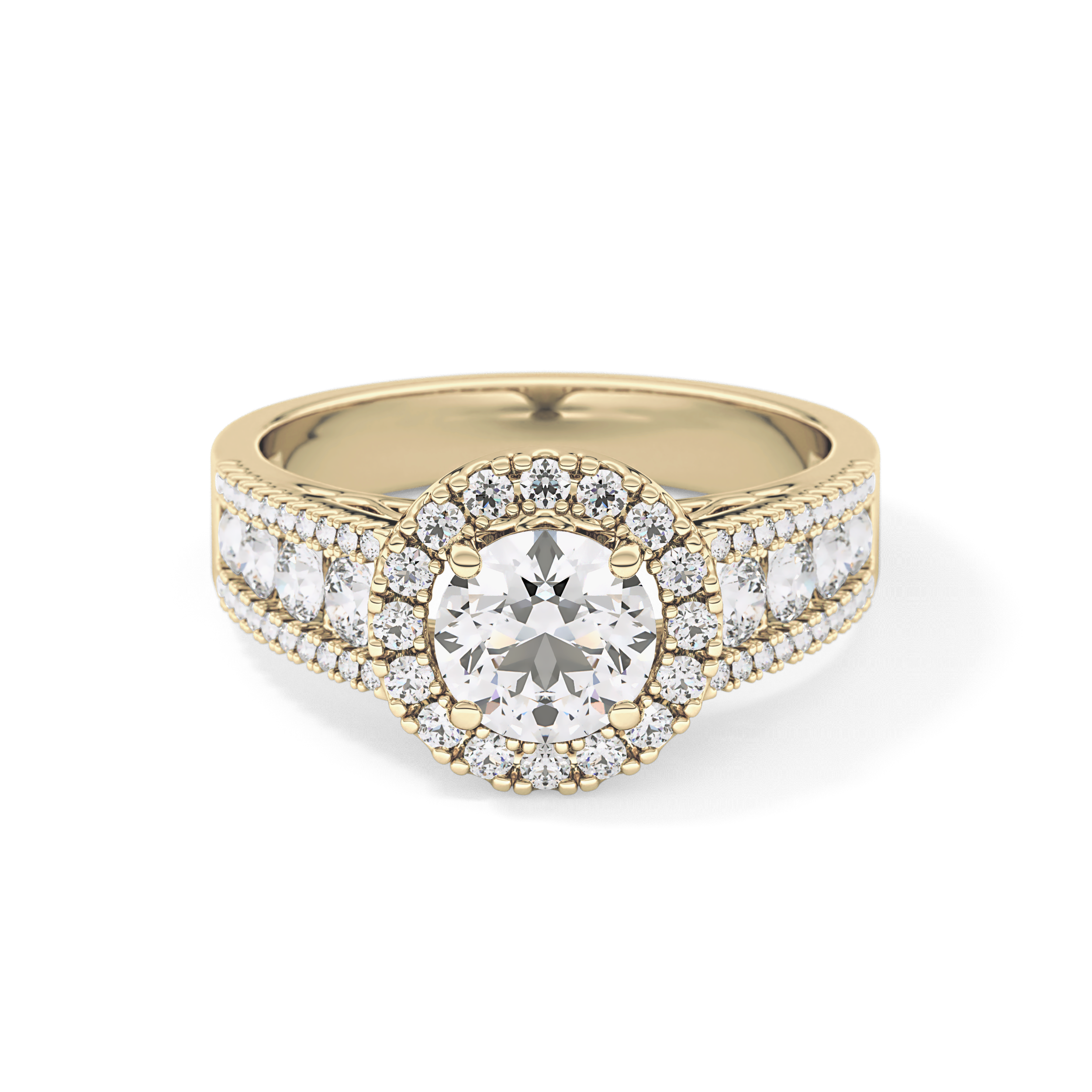 Round Cut 1.28 Carat Moissanite Ring – Halo and Triple Pave Setting in Gold