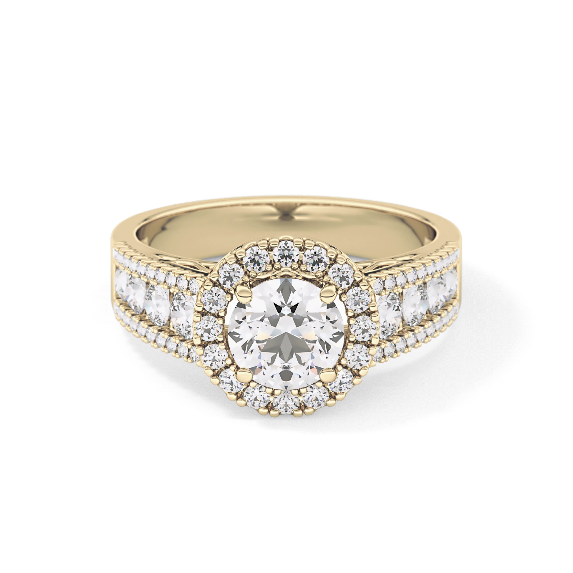 Round Cut 1.28 Carat Moissanite Ring – Halo and Triple Pave Setting in Gold