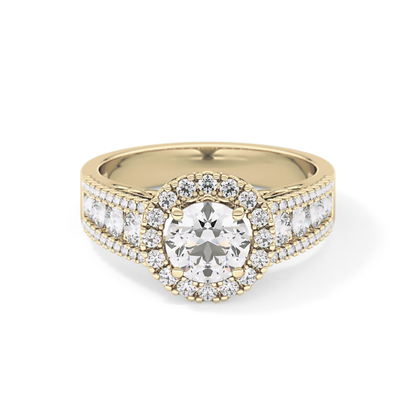 Round Cut 1.28 Carat Moissanite Ring – Halo and Triple Pave Setting in Gold