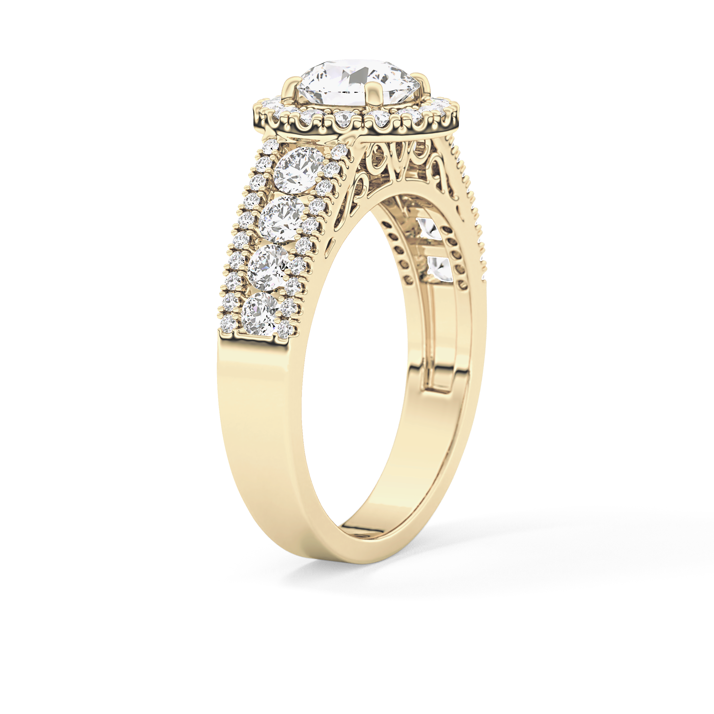 Round Cut 1.28 Carat Moissanite Ring – Halo and Triple Pave Setting in Gold