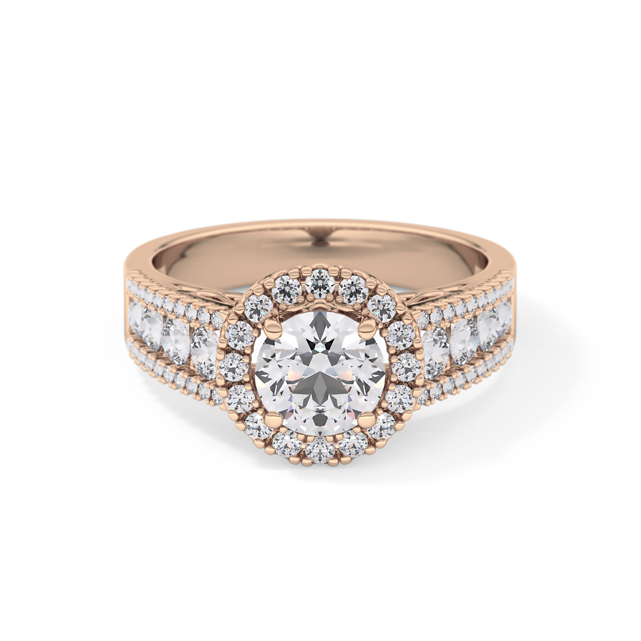 Round Cut 1.28 Carat Moissanite Ring – Halo and Triple Pave Setting in Gold
