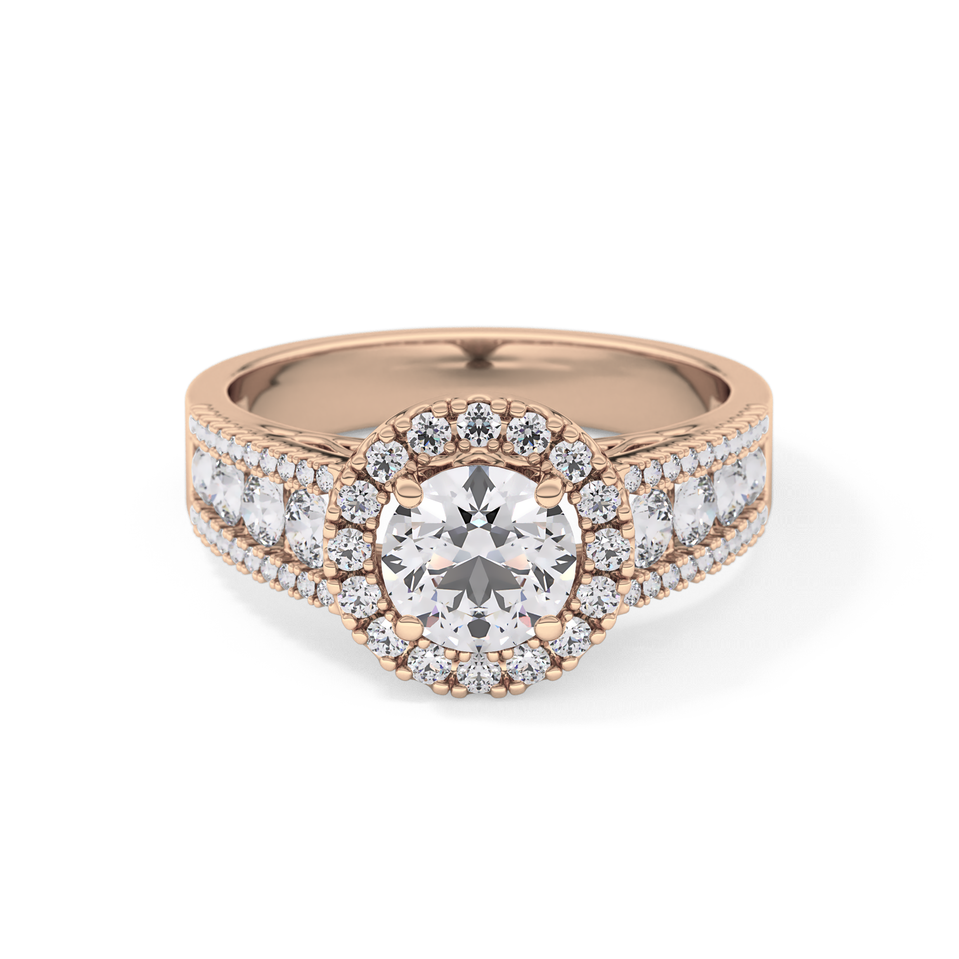 Round Cut 1.28 Carat Moissanite Ring – Halo and Triple Pave Setting in Gold