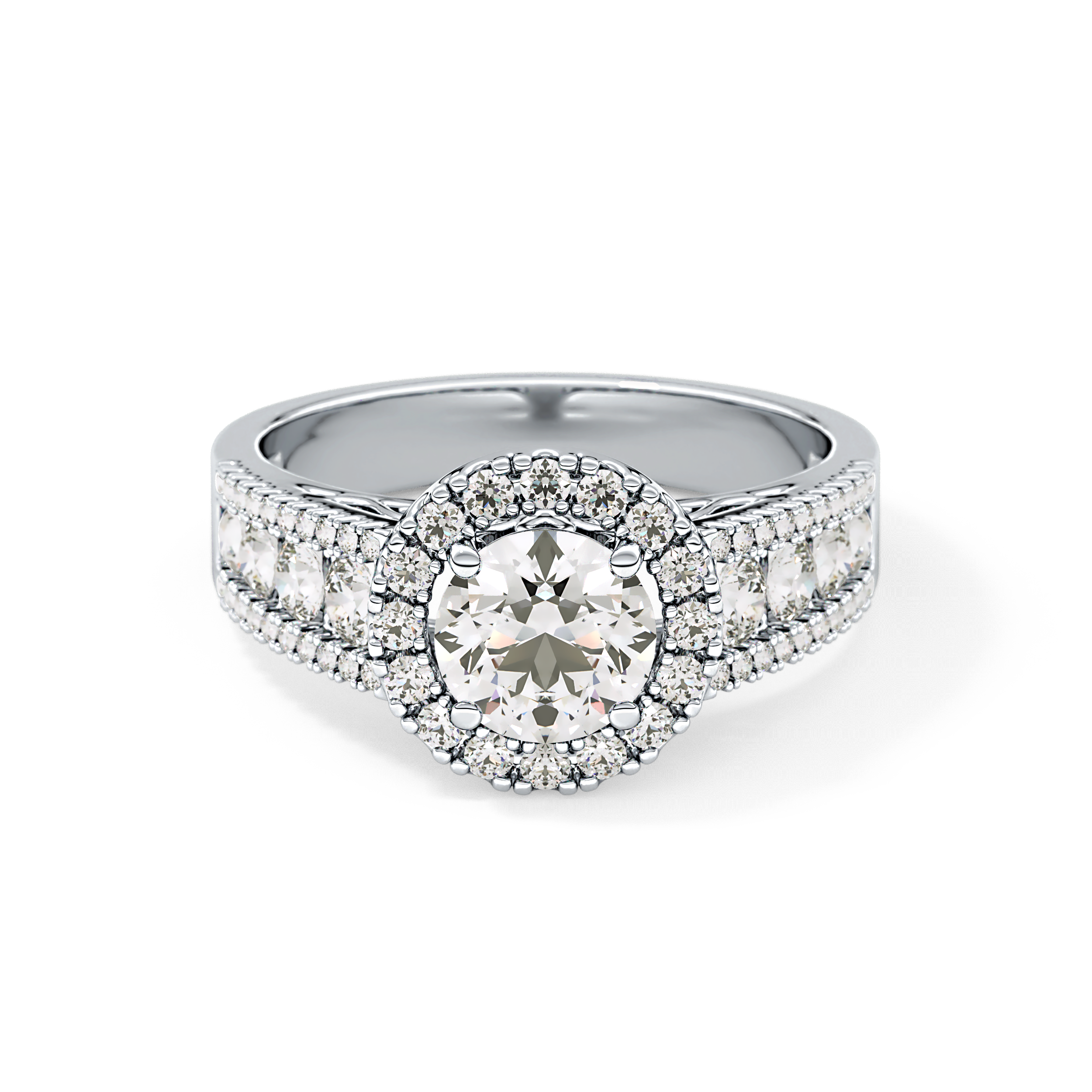 Round Cut 1.28 Carat Moissanite Ring – Halo and Triple Pave Setting in Gold