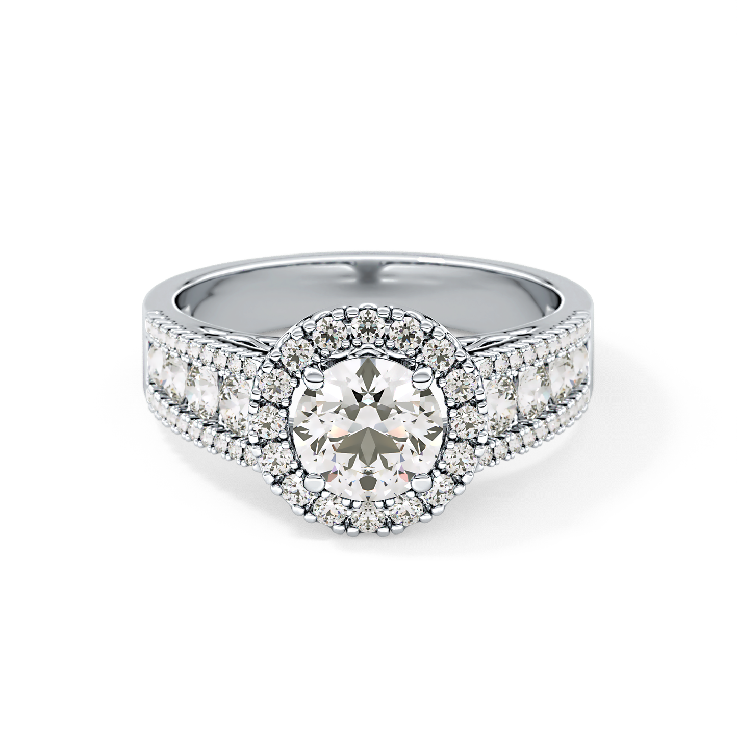 Round Cut 1.28 Carat Moissanite Ring – Halo and Triple Pave Setting in Gold