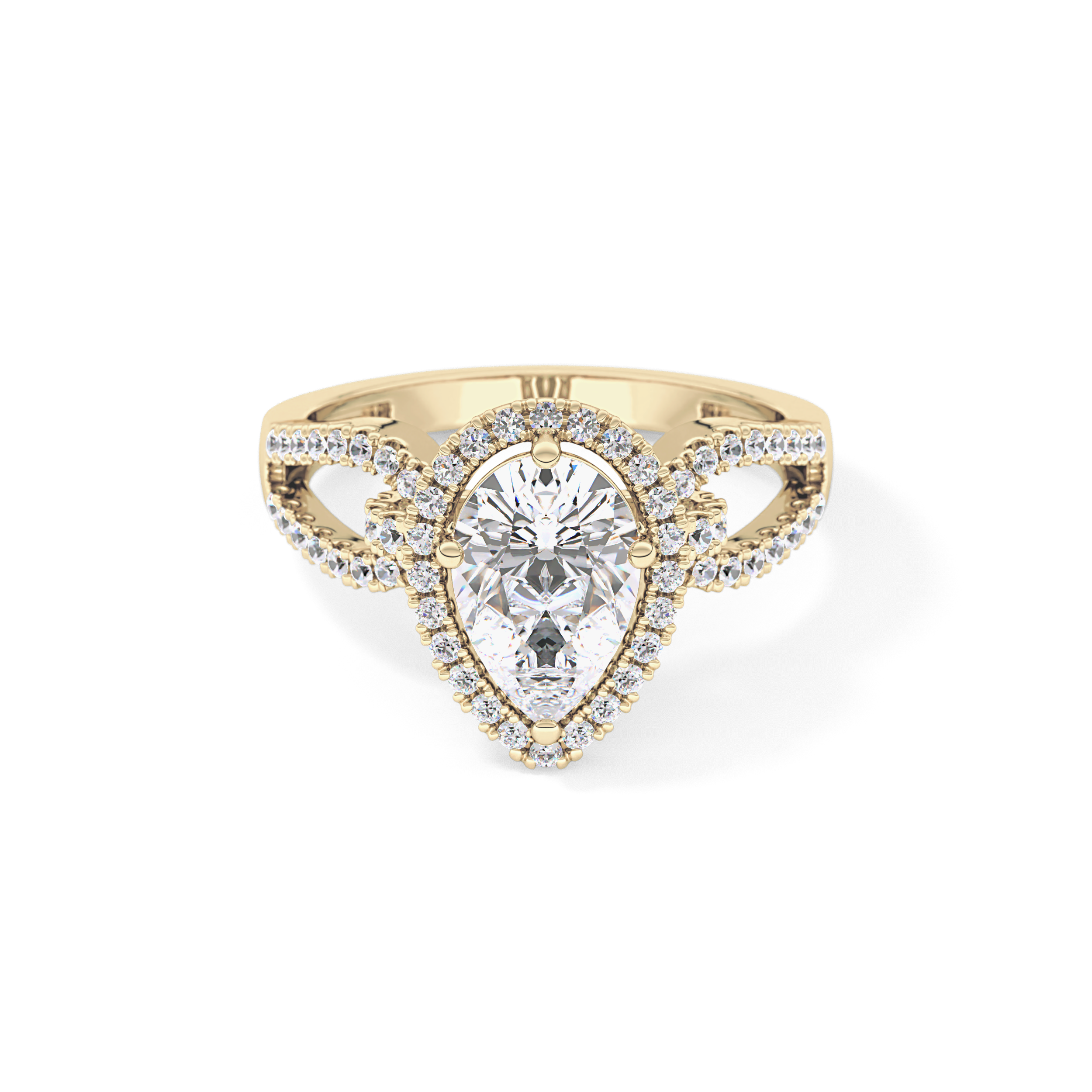 Pear Cut 1.12 Carat Moissanite Ring – Split Shank and Pave Setting in Gold