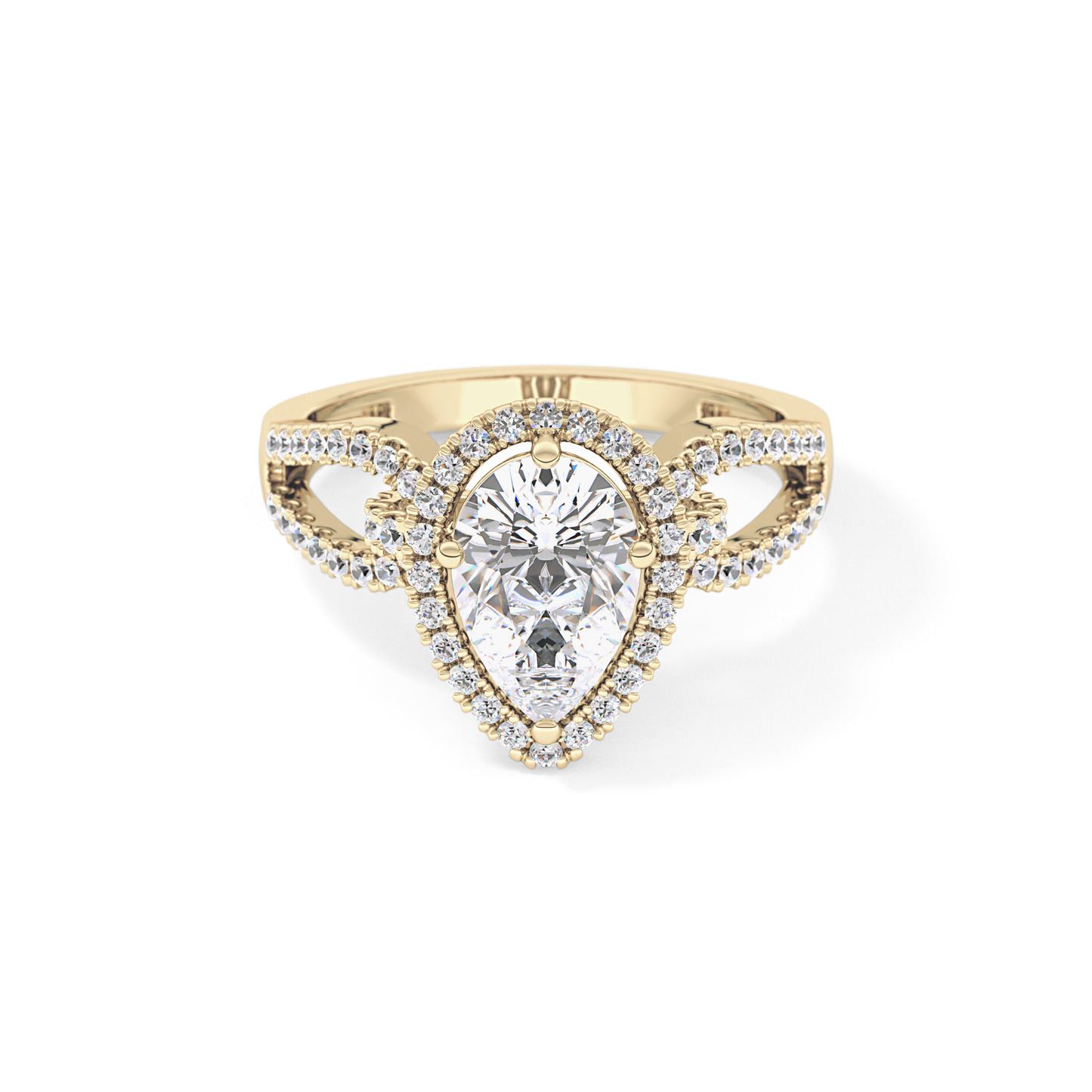 Pear Cut 1.12 Carat Moissanite Ring – Split Shank and Pave Setting in Gold