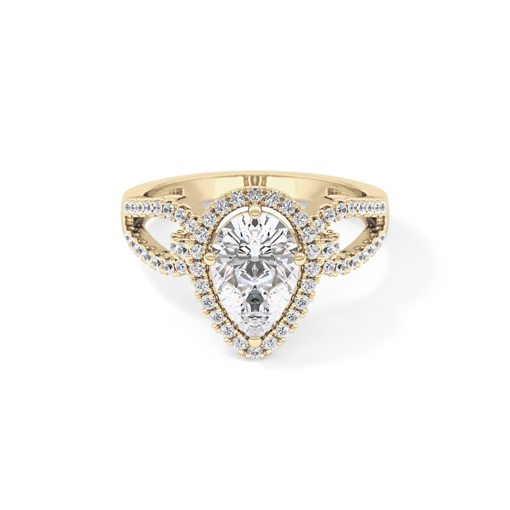 Pear Cut 1.12 Carat Moissanite Ring – Split Shank and Pave Setting in Gold