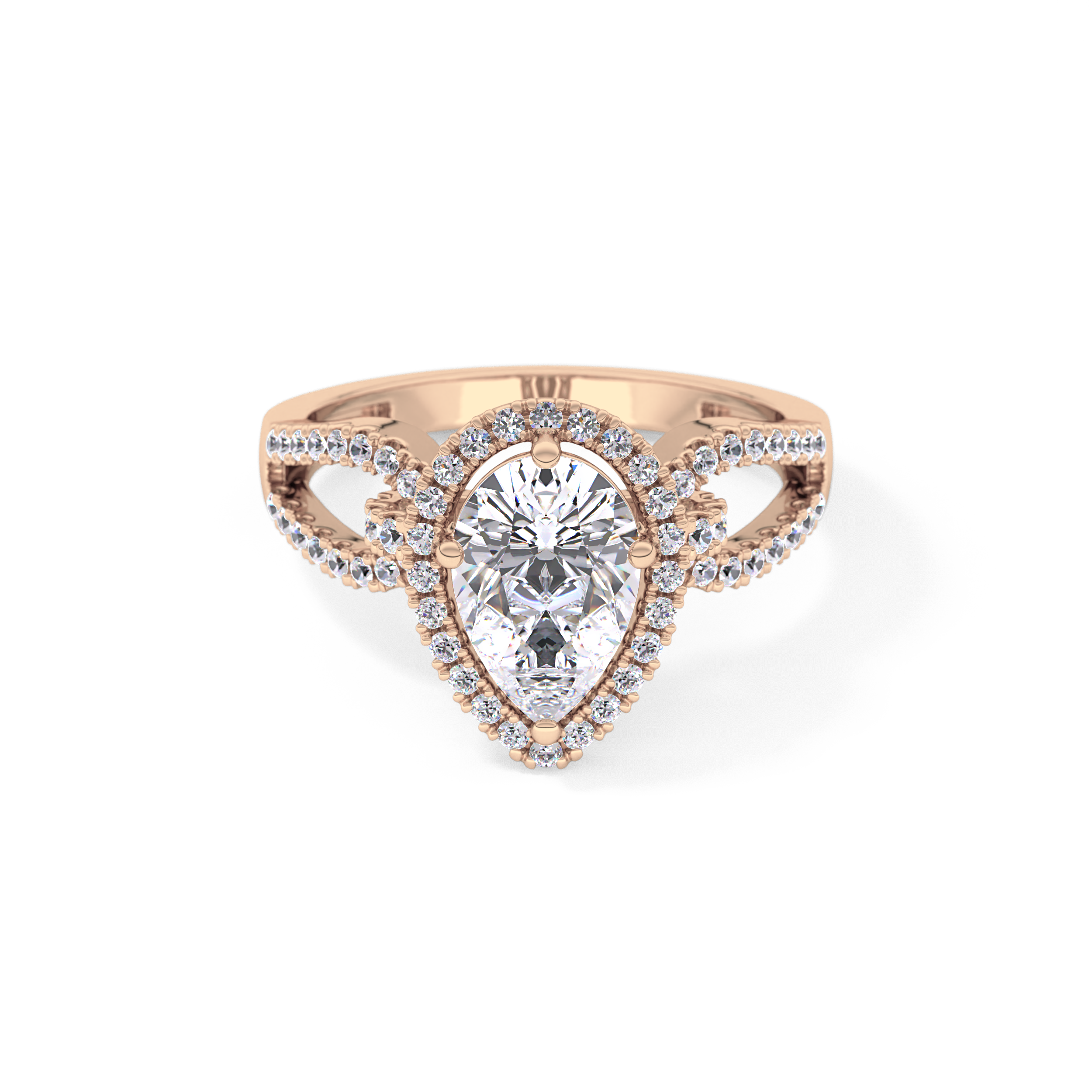 Pear Cut 1.12 Carat Moissanite Ring – Split Shank and Pave Setting in Gold