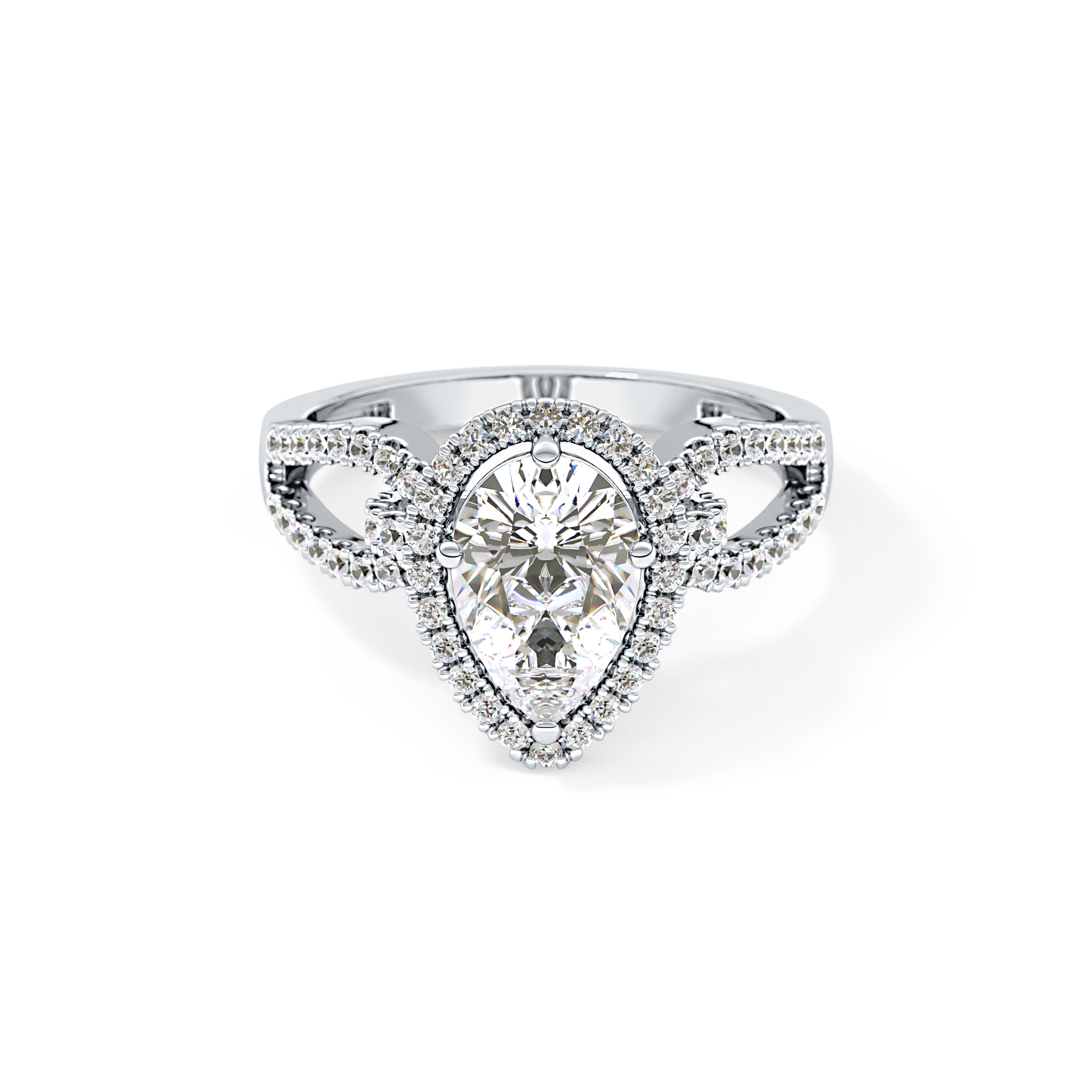 Pear Cut 1.12 Carat Moissanite Ring – Split Shank and Pave Setting in Gold