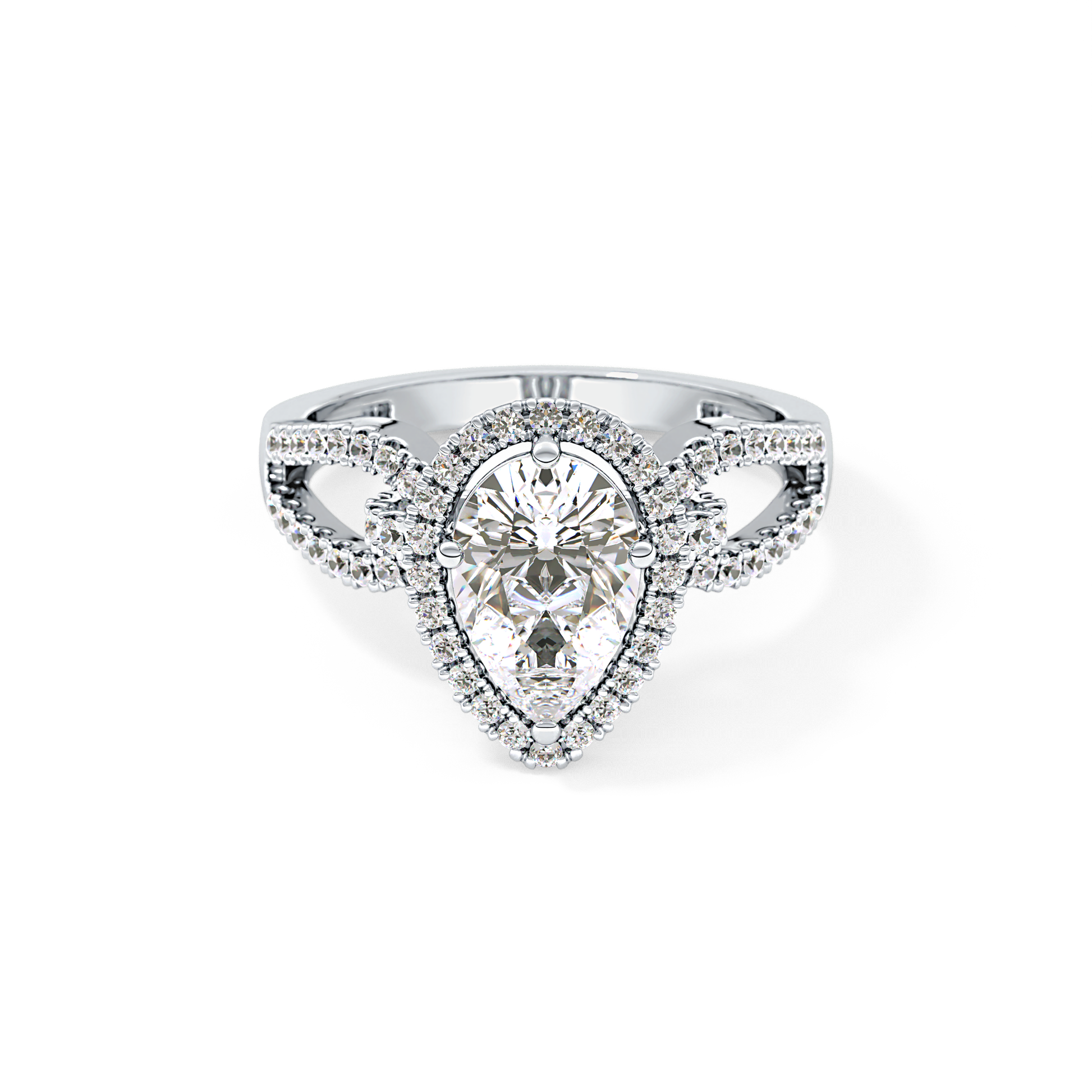 Pear Cut 1.12 Carat Moissanite Ring – Split Shank and Pave Setting in Gold
