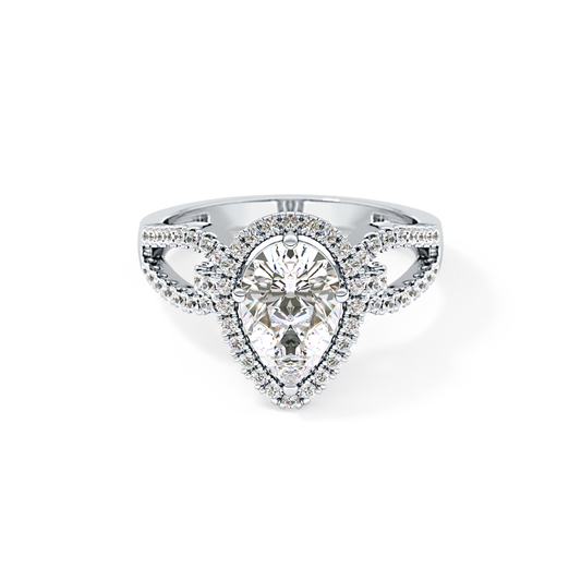 Pear Cut 1.12 Carat Moissanite Ring – Split Shank and Pave Setting in Gold