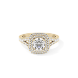 Round Cut 0.71 Carat Moissanite Ring – Split Shank and Double Halo Setting in Gold