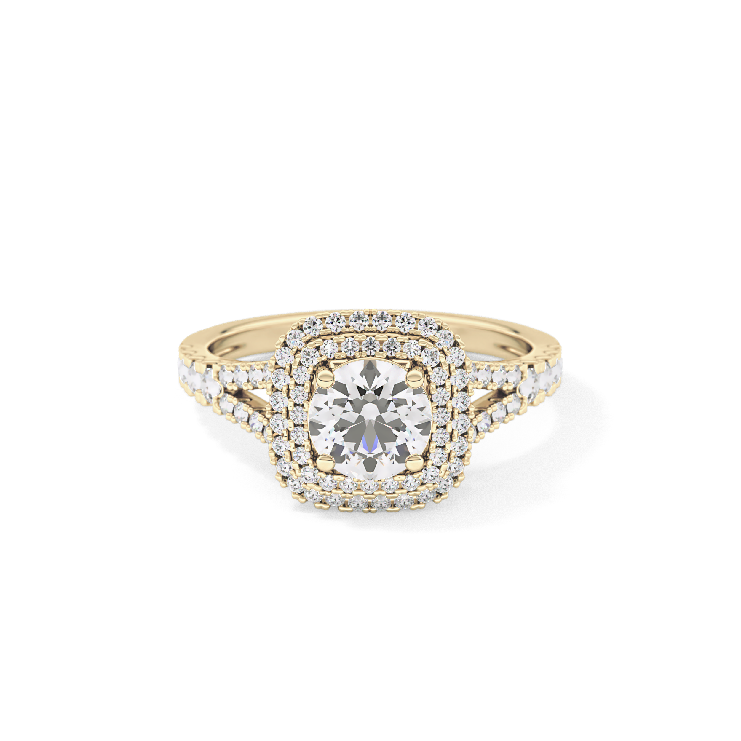 Round Cut 0.71 Carat Moissanite Ring – Split Shank and Double Halo Setting in Gold