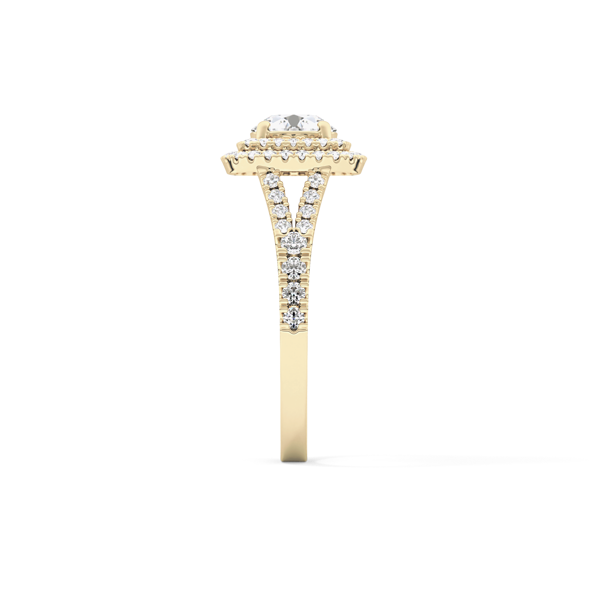 Round Cut 0.71 Carat Moissanite Ring – Split Shank and Double Halo Setting in Gold