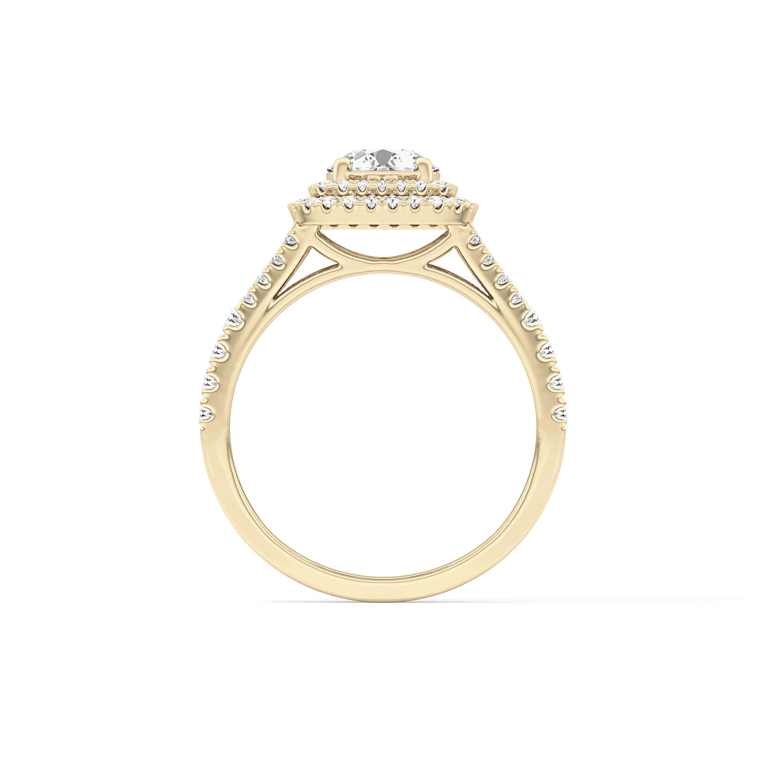Round Cut 0.71 Carat Moissanite Ring – Split Shank and Double Halo Setting in Gold
