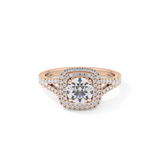 Round Cut 0.71 Carat Moissanite Ring – Split Shank and Double Halo Setting in Gold