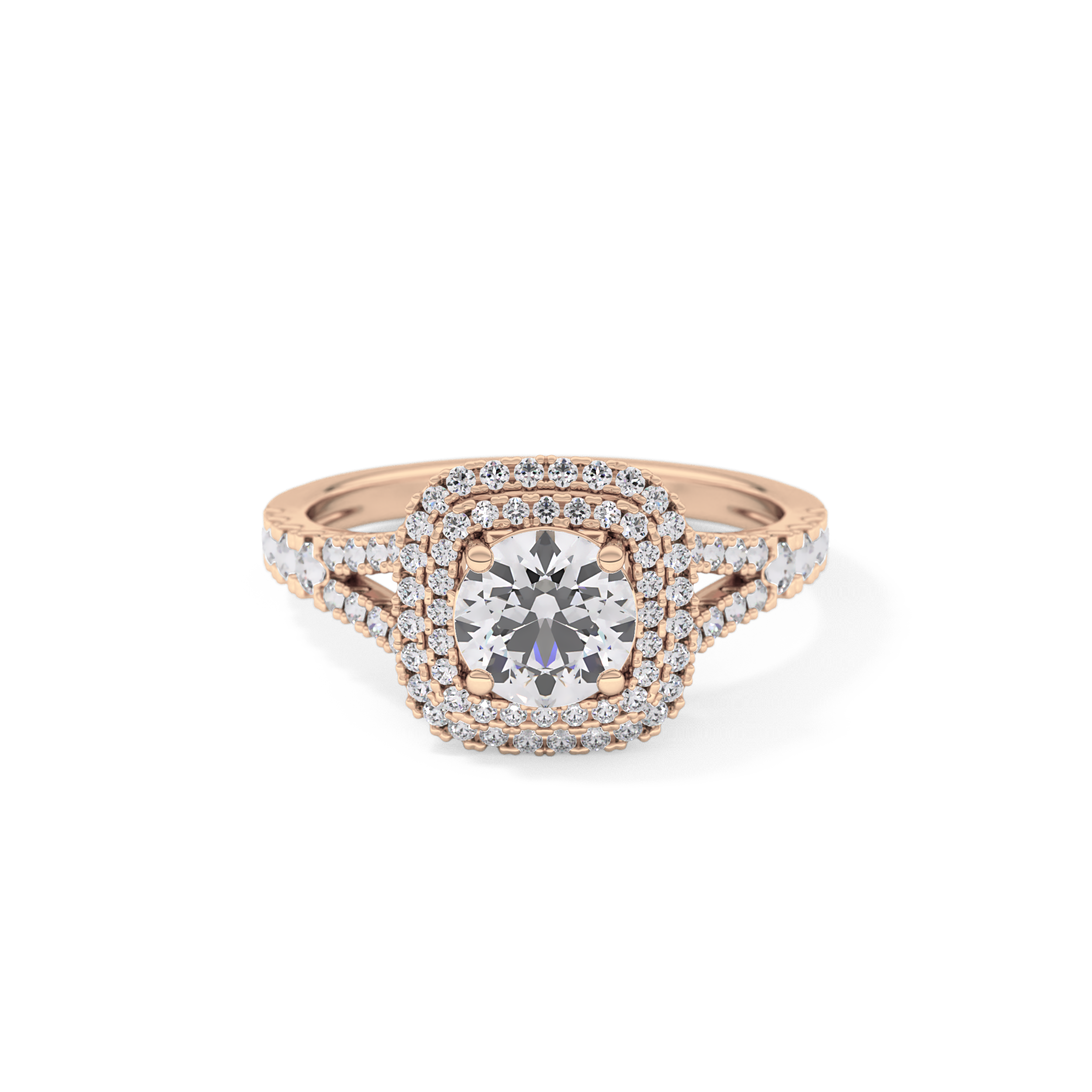 Round Cut 0.71 Carat Moissanite Ring – Split Shank and Double Halo Setting in Gold