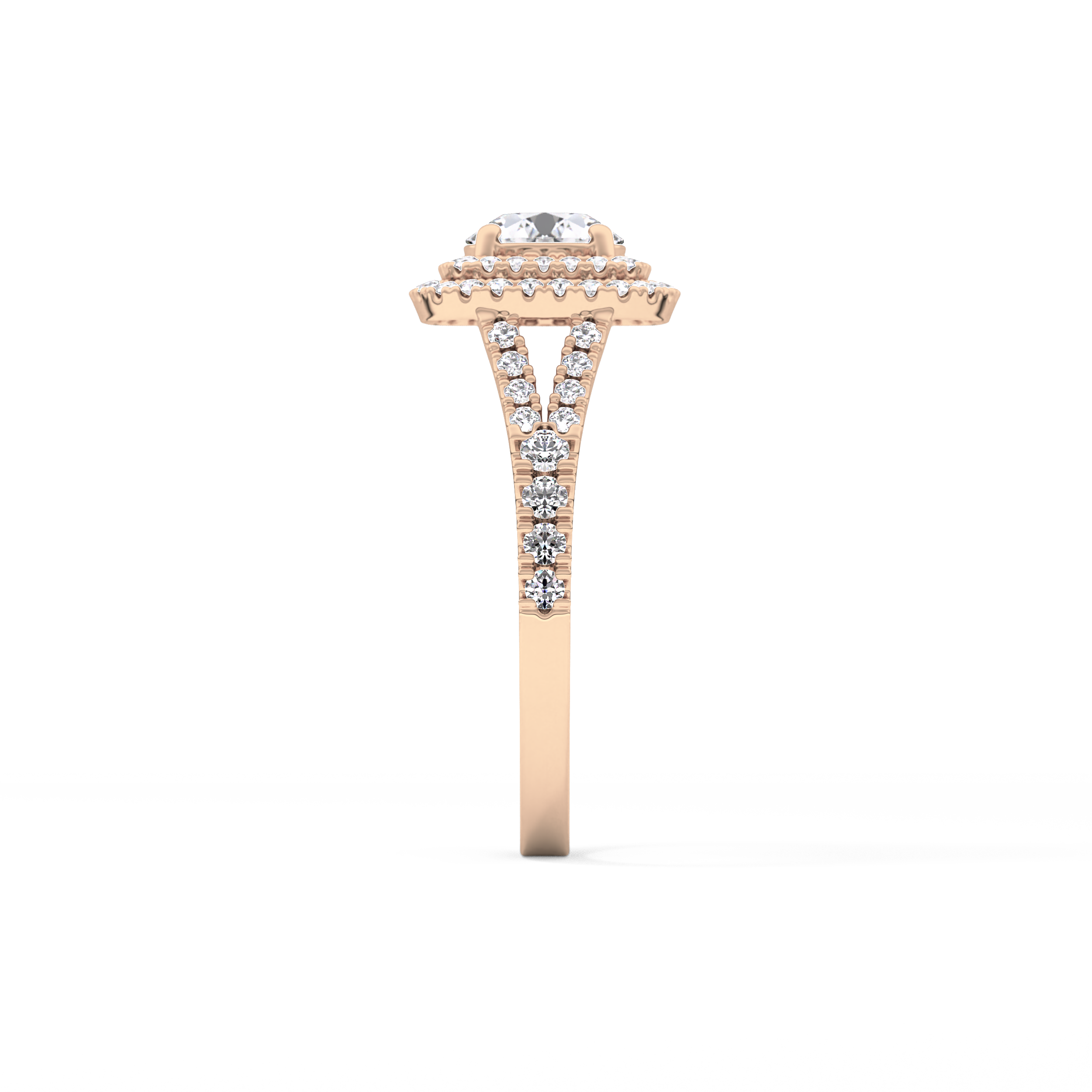 Round Cut 0.71 Carat Moissanite Ring – Split Shank and Double Halo Setting in Gold