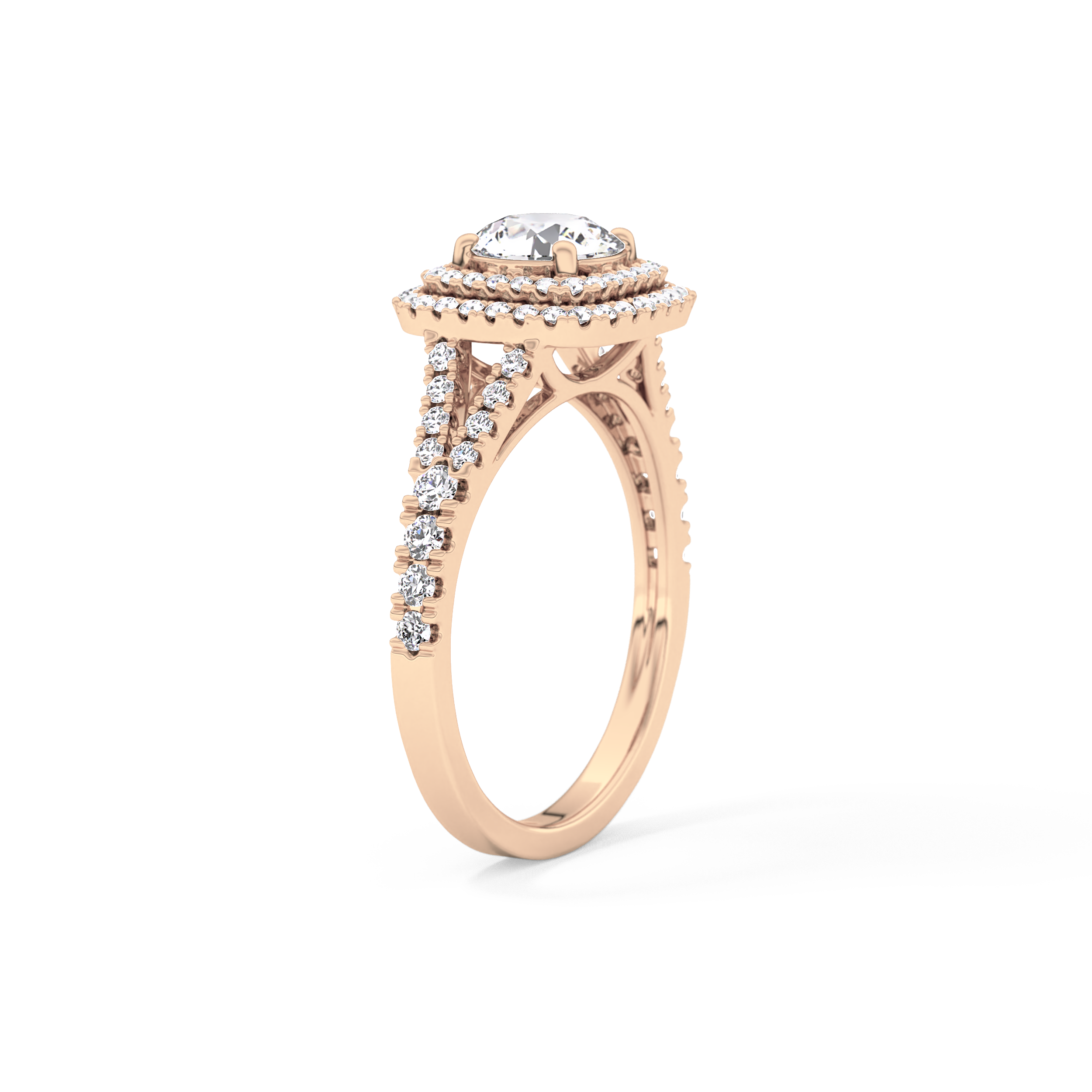 Round Cut 0.71 Carat Moissanite Ring – Split Shank and Double Halo Setting in Gold