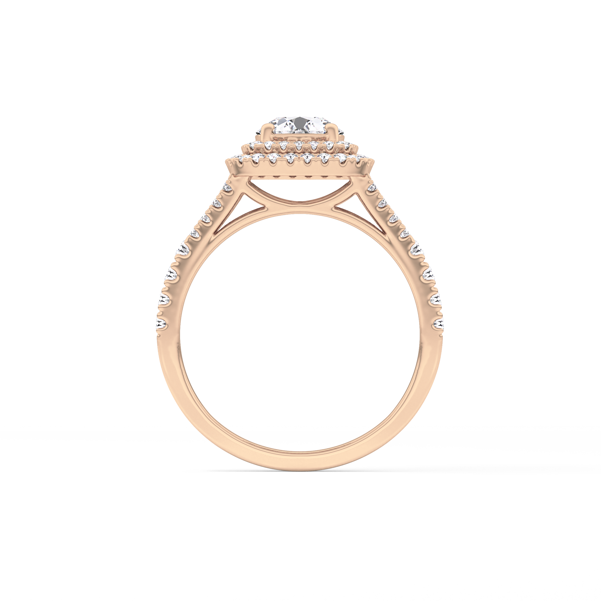 Round Cut 0.71 Carat Moissanite Ring – Split Shank and Double Halo Setting in Gold