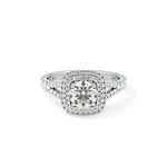 Round Cut 0.71 Carat Moissanite Ring – Split Shank and Double Halo Setting in Gold