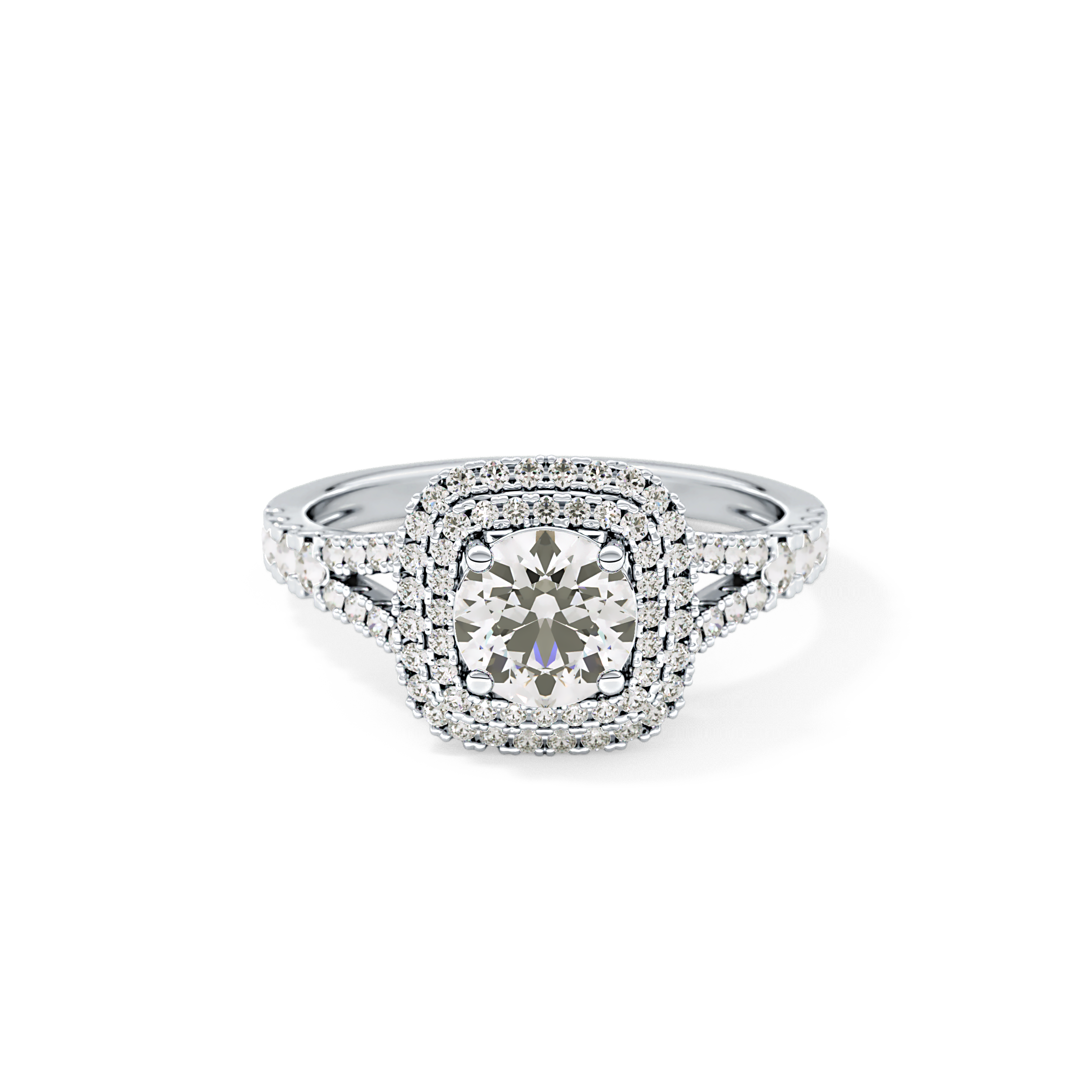 Round Cut 0.71 Carat Moissanite Ring – Split Shank and Double Halo Setting in Gold