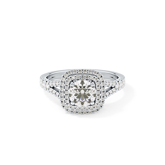 Round Cut 0.71 Carat Moissanite Ring – Split Shank and Double Halo Setting in Gold