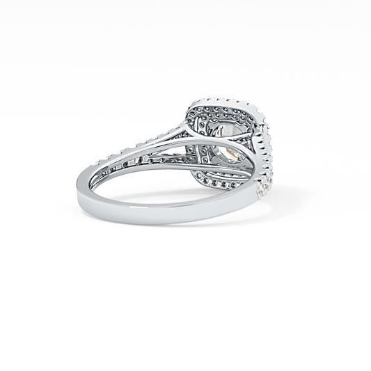 Round Cut 0.71 Carat Moissanite Ring – Split Shank and Double Halo Setting in Gold