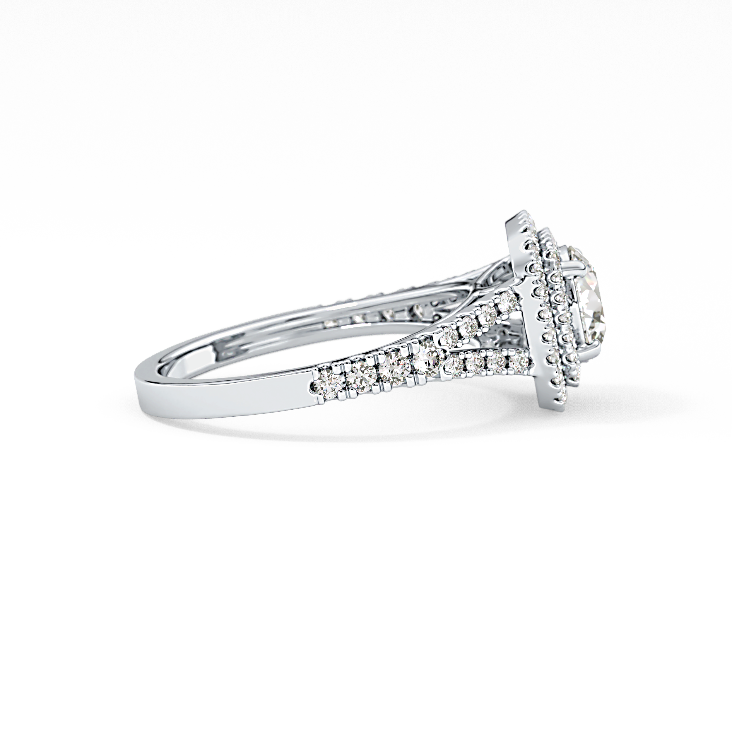 Round Cut 0.71 Carat Moissanite Ring – Split Shank and Double Halo Setting in Gold