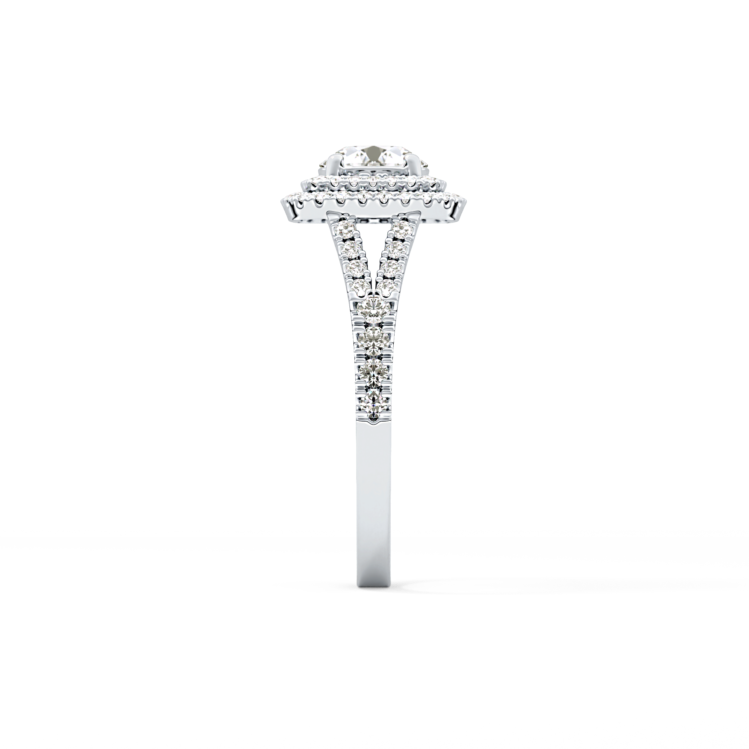 Round Cut 0.71 Carat Moissanite Ring – Split Shank and Double Halo Setting in Gold