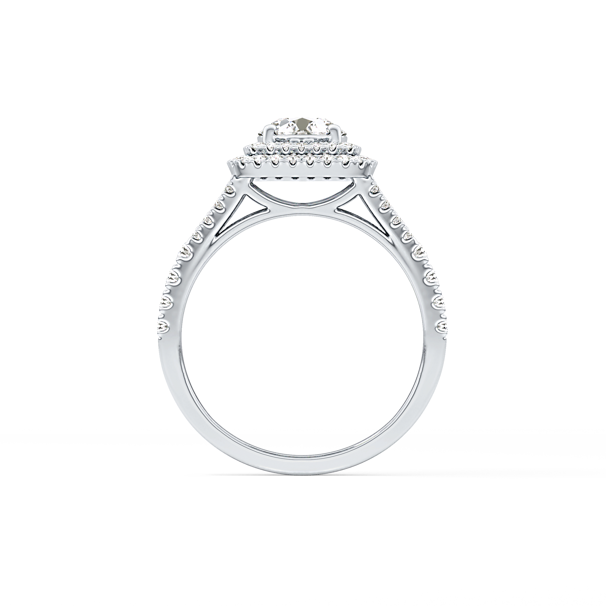 Round Cut 0.71 Carat Moissanite Ring – Split Shank and Double Halo Setting in Gold