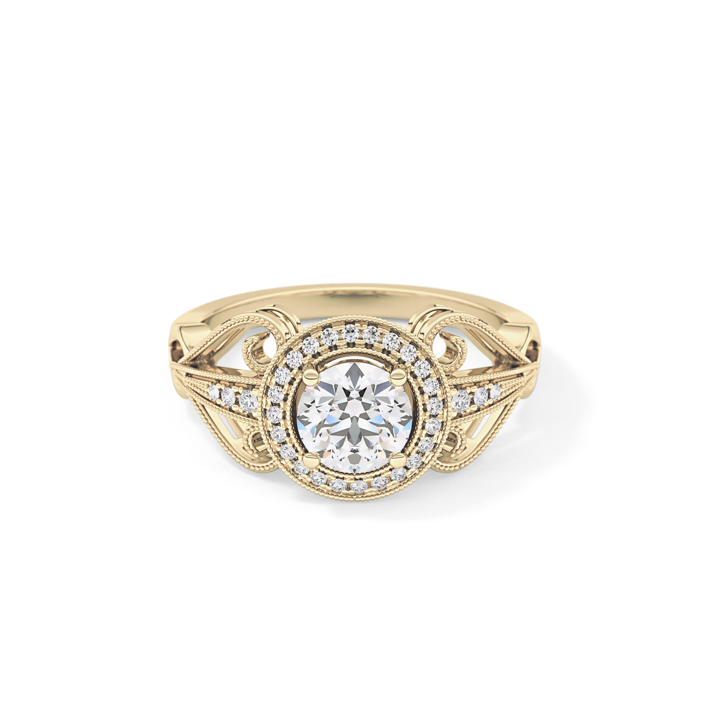 Round Cut 0.67 Carat Moissanite Ring – Halo and Pave Setting in Gold