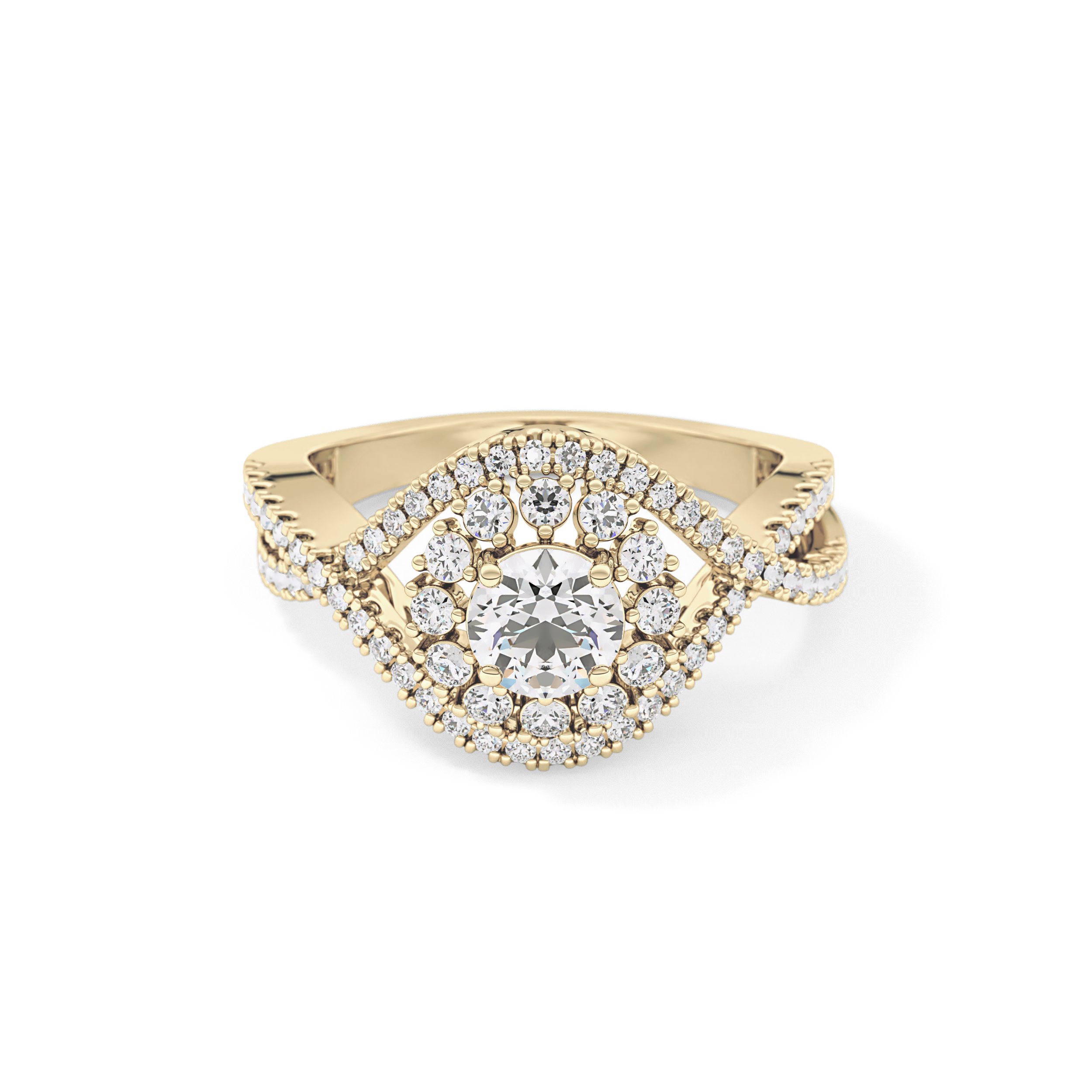 Round Cut 0.45 Carat Moissanite Ring – Halo and Criss Cross Setting in Gold