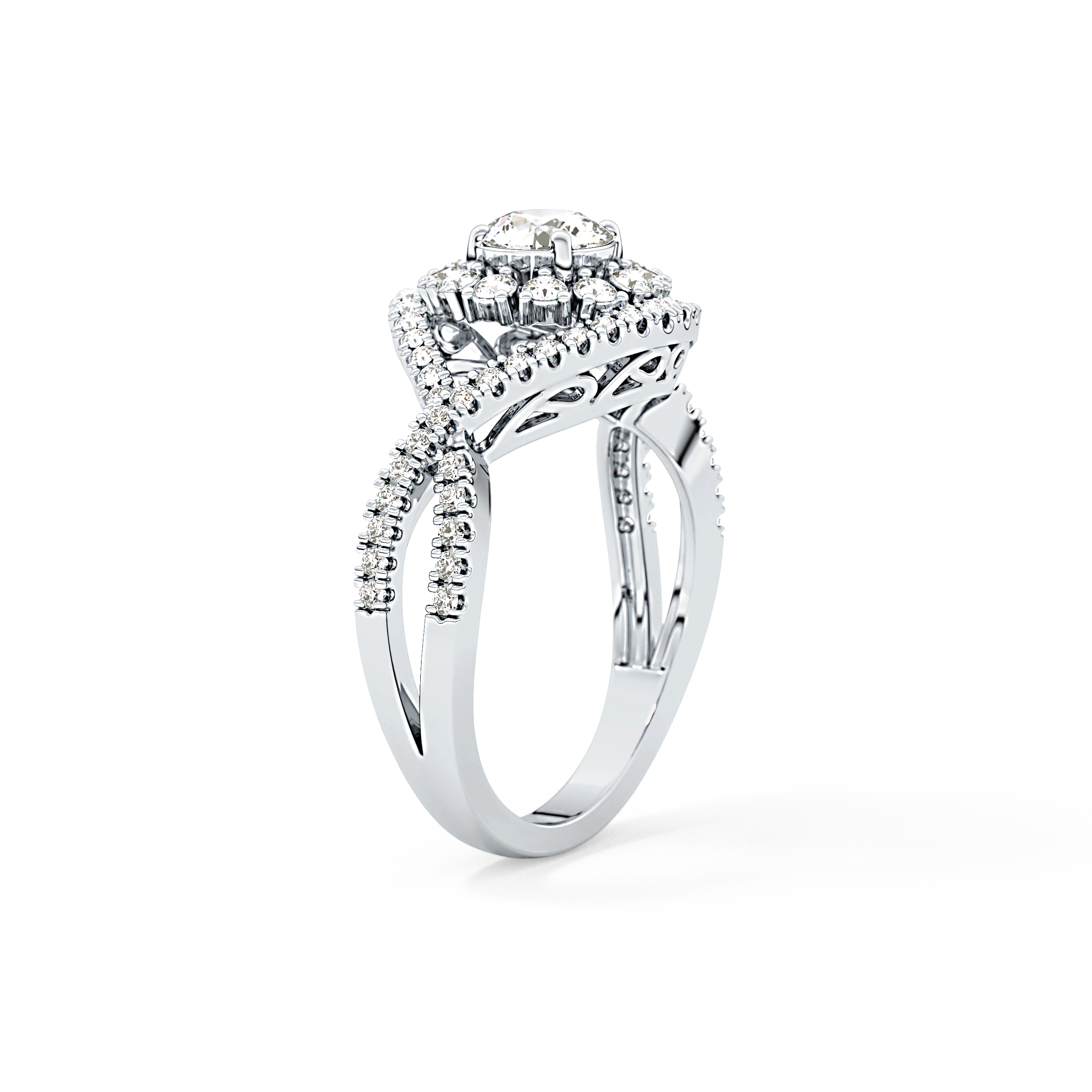 Round Cut 0.45 Carat Moissanite Ring – Halo and Criss Cross Setting in Gold