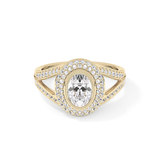 Oval Cut 0.91 Carat Moissanite Ring – Double Halo and Pave Setting in Gold