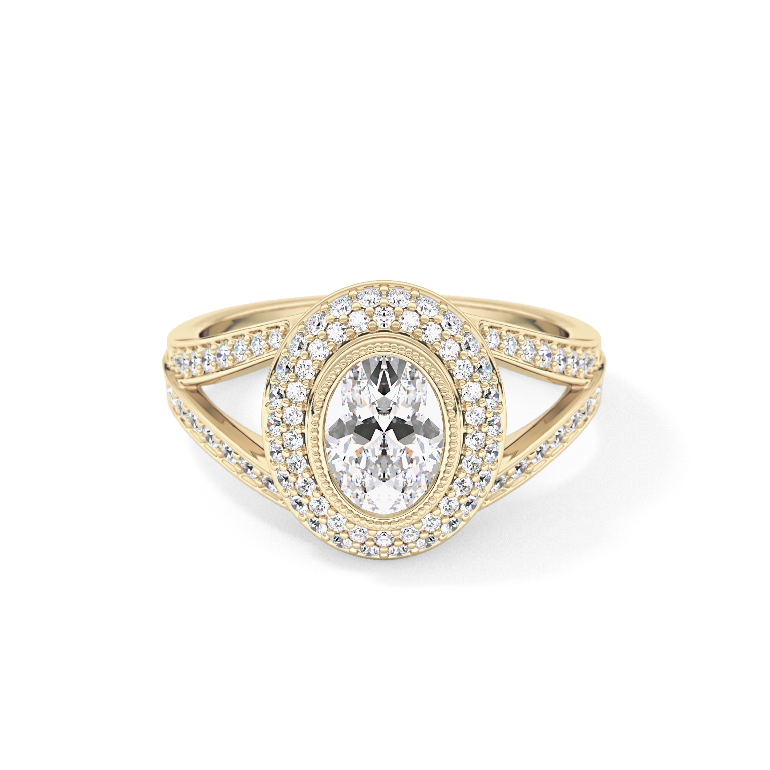 Oval Cut 0.91 Carat Moissanite Ring – Double Halo and Pave Setting in Gold