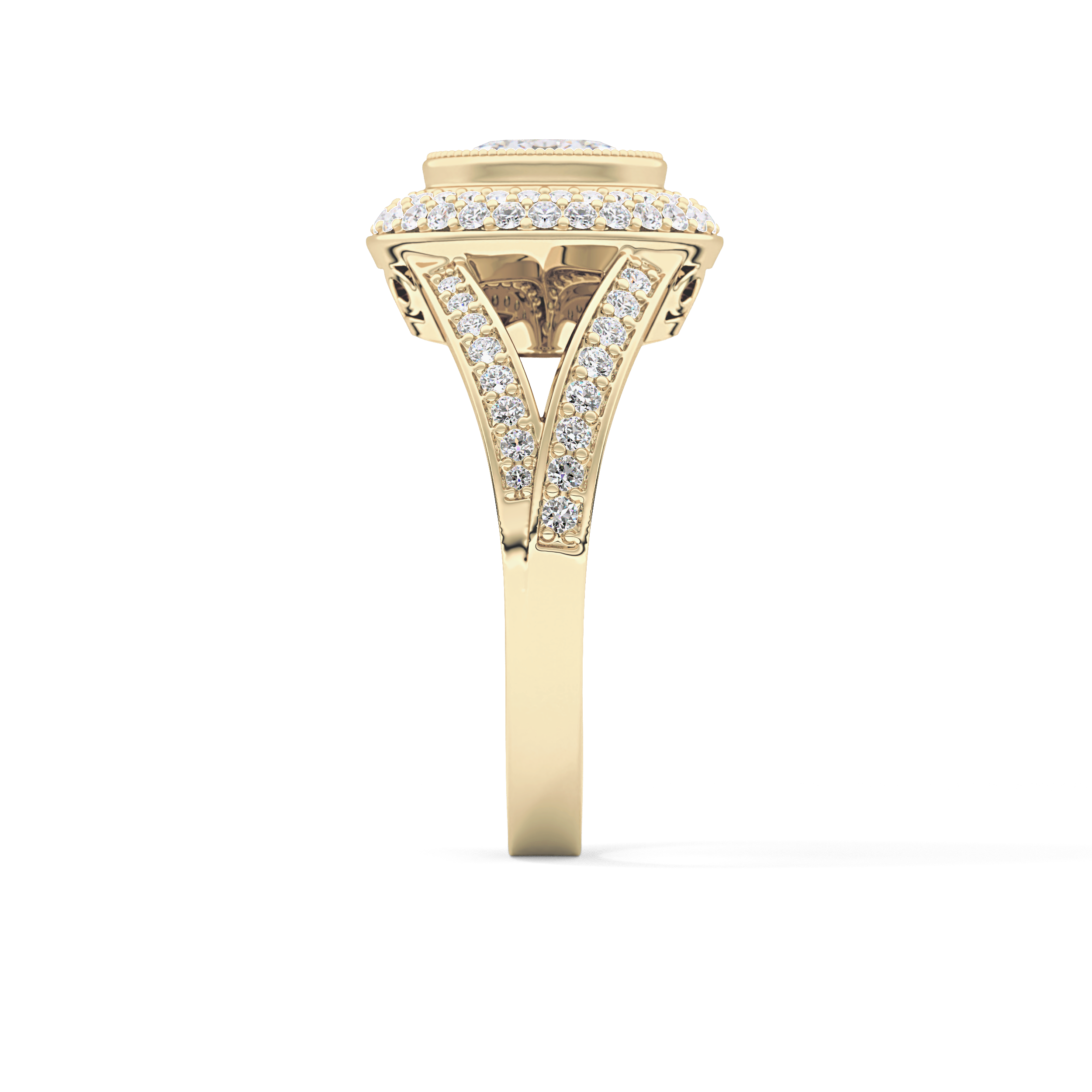 Oval Cut 0.91 Carat Moissanite Ring – Double Halo and Pave Setting in Gold