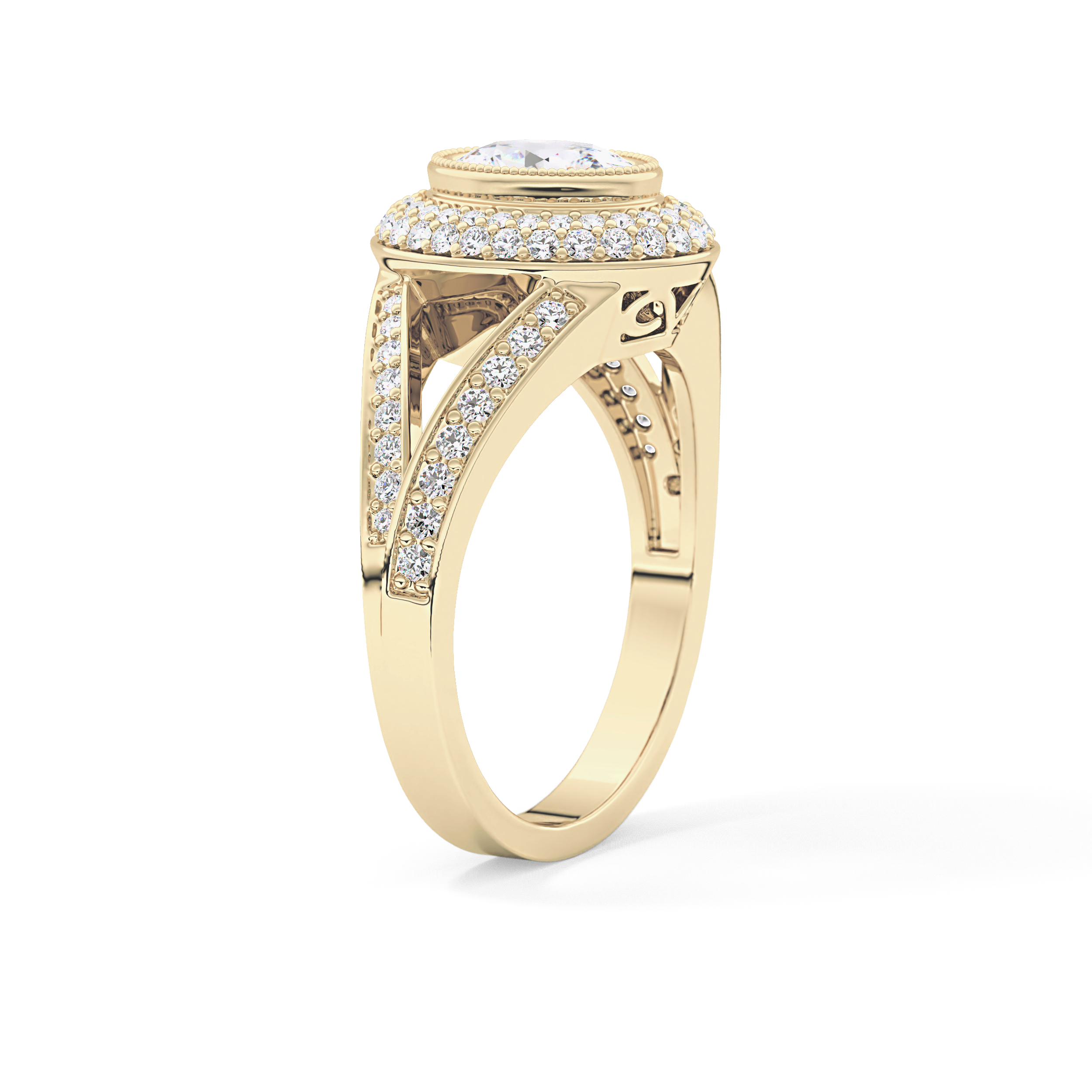 Oval Cut 0.91 Carat Moissanite Ring – Double Halo and Pave Setting in Gold