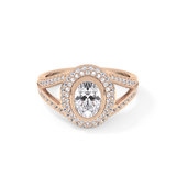 Oval Cut 0.91 Carat Moissanite Ring – Double Halo and Pave Setting in Gold