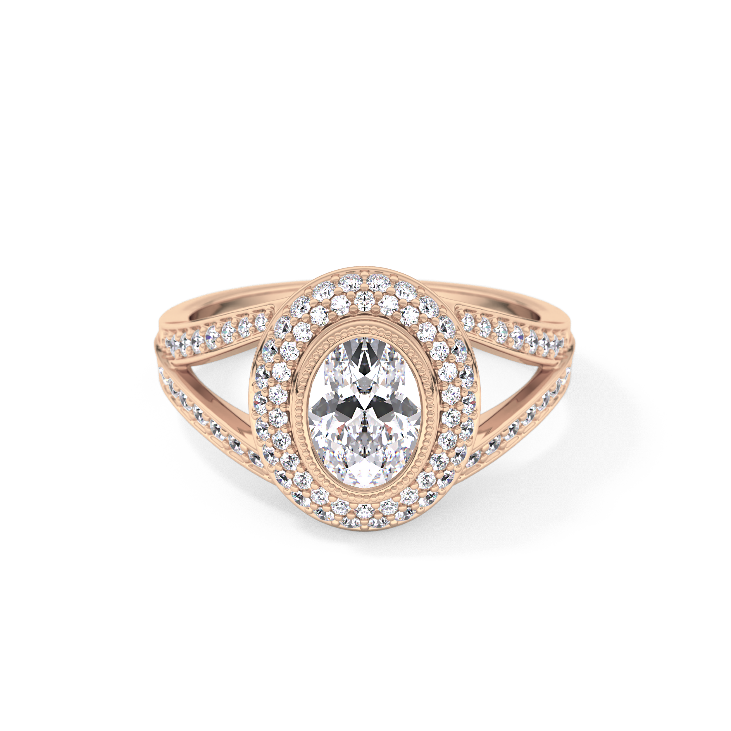 Oval Cut 0.91 Carat Moissanite Ring – Double Halo and Pave Setting in Gold