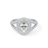 Oval Cut 0.91 Carat Moissanite Ring – Double Halo and Pave Setting in Gold