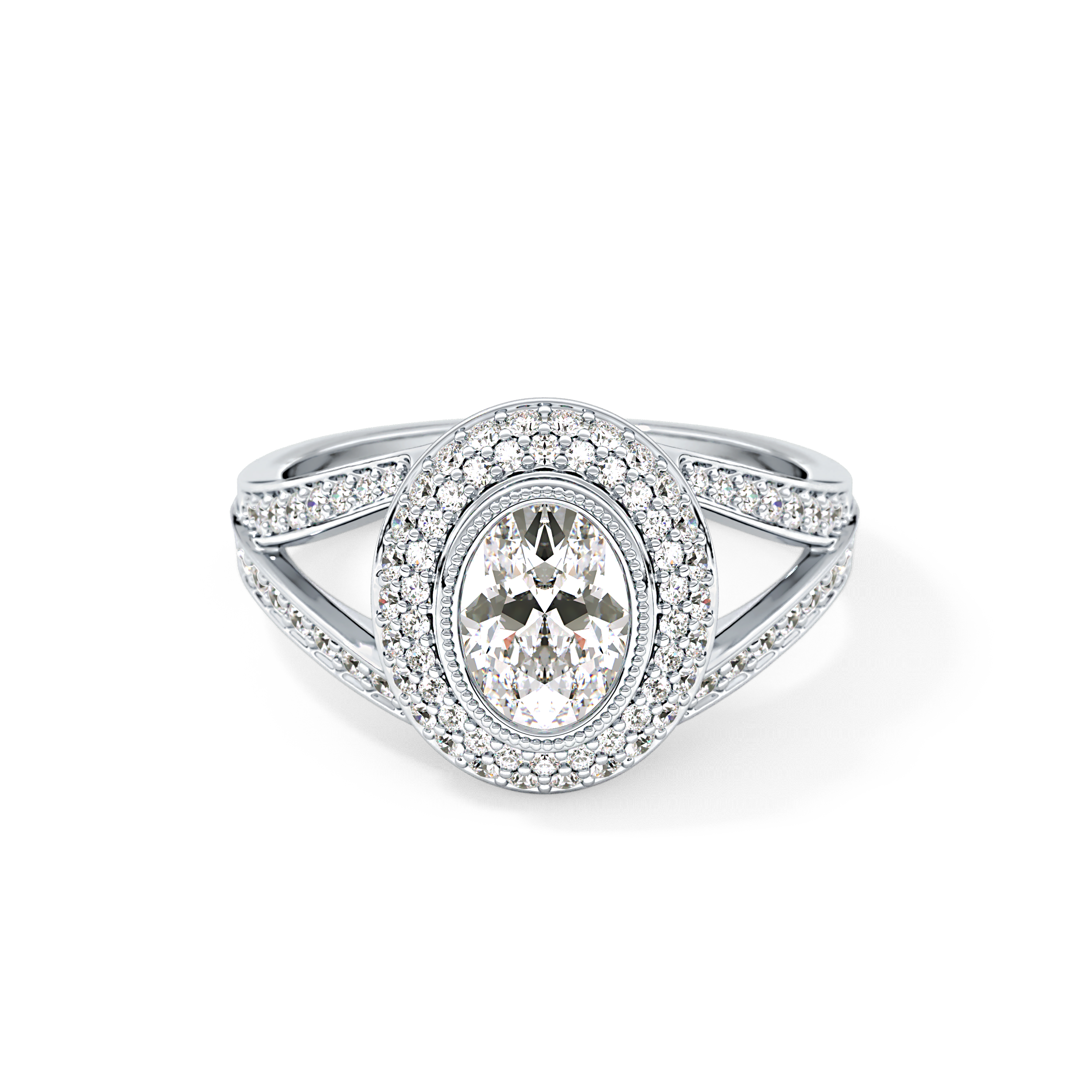 Oval Cut 0.91 Carat Moissanite Ring – Double Halo and Pave Setting in Gold