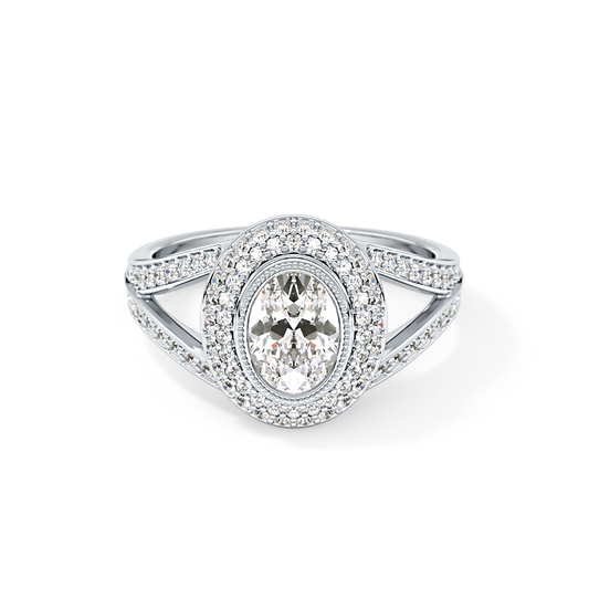 Oval Cut 0.91 Carat Moissanite Ring – Double Halo and Pave Setting in Gold