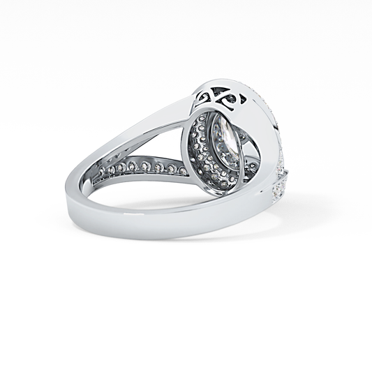 Oval Cut 0.91 Carat Moissanite Ring – Double Halo and Pave Setting in Gold