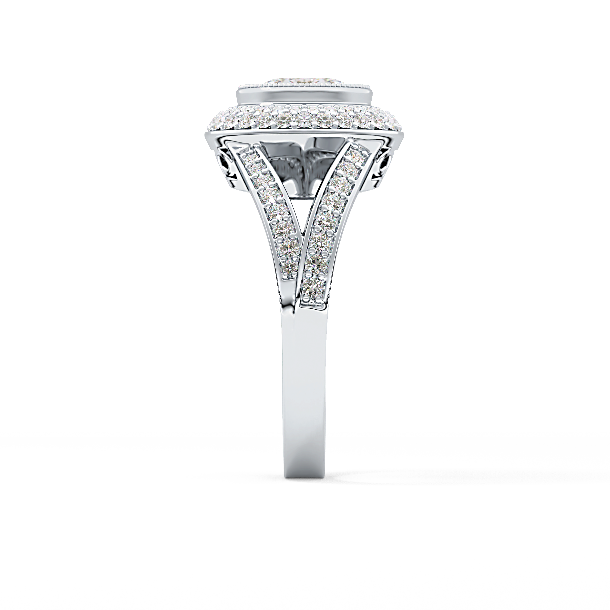 Oval Cut 0.91 Carat Moissanite Ring – Double Halo and Pave Setting in Gold